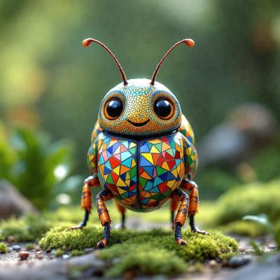 The primary subject of the image is a colorful, multi-colored, and patterned beetle or insect, which is sitting on a mossy surface. The setting appears to be a natural environment, possibly a forest or a garden. The visual style of the image is a combination of photo and digital art, creating a unique and vibrant appearance. The colors and mood of the image are lively and cheerful, with the insect's bright colors and the mossy surface adding to the overall atmosphere.